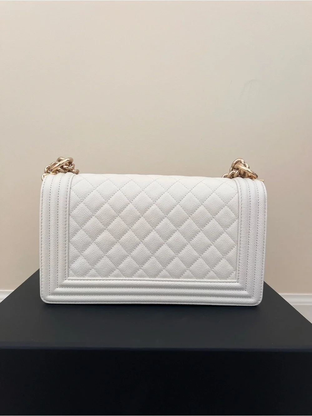 Chanel Caviar White Medium Boy Bag with Champagne Gold Hardware